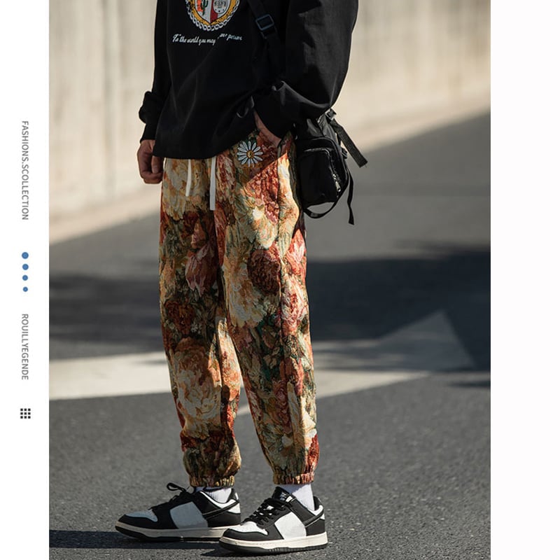 [Small Trouble Series]★China Style Pants★ 4color Oil Painting Style Floral Pattern Bottoms Unisex Men's Large Size