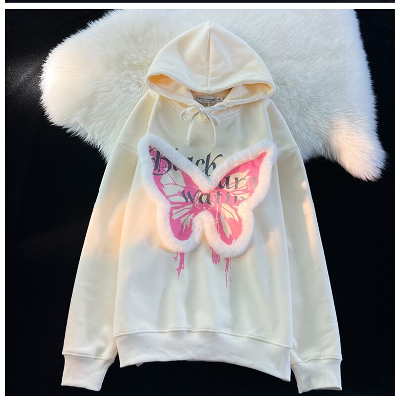 [Roba Series] ★Fleece-lined hoodie★ 3color Tops Butterfly Alphabet Cute Beige Black Pink ML XL