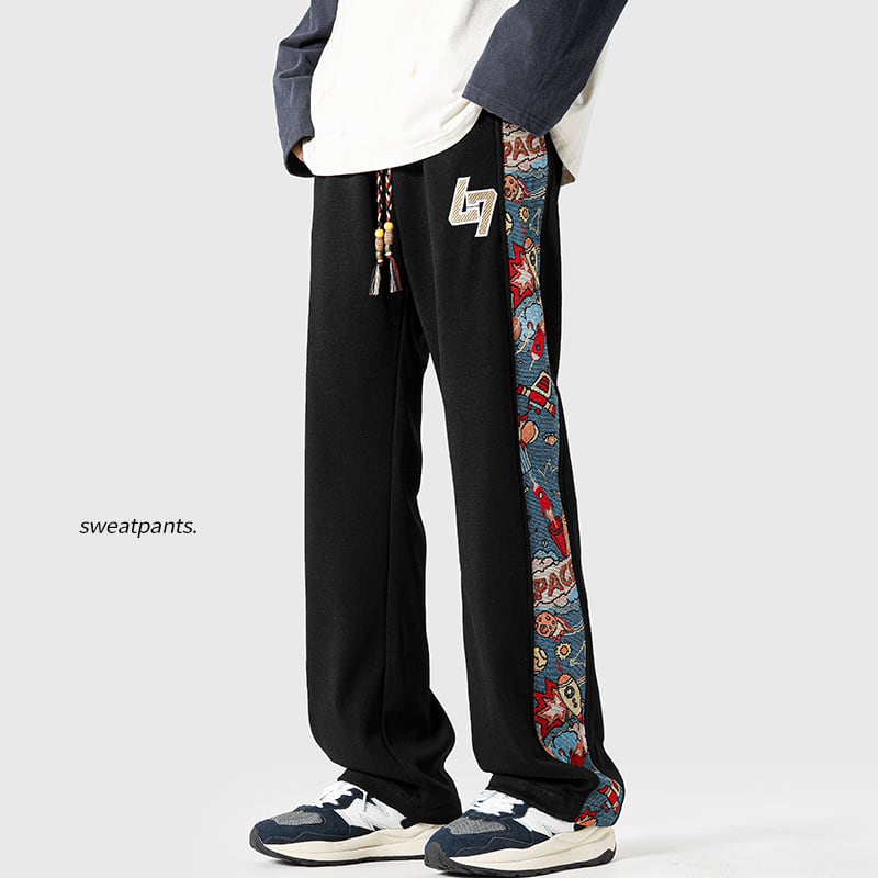 [Leonbinno Series] ★Casual Pants★ 3color Bottoms Pants Switching Cartoon Unisex Men's Black Gray White