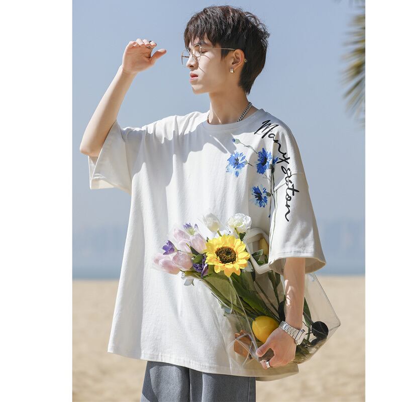 [MANYSTON Series]★T-shirt★ Tops 3color Unisex Men's Short Sleeve Floral Pattern Blue White Black Casual