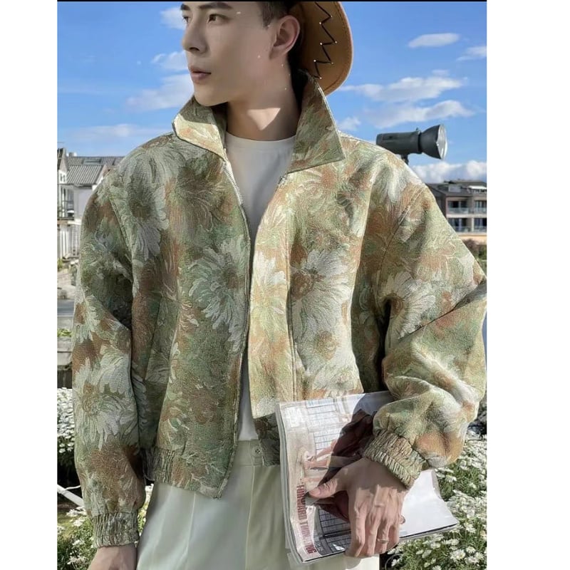 [Hisho Series] ★Floral pattern jacket★ 2color oil painting style outerwear unisex men's green blue short length