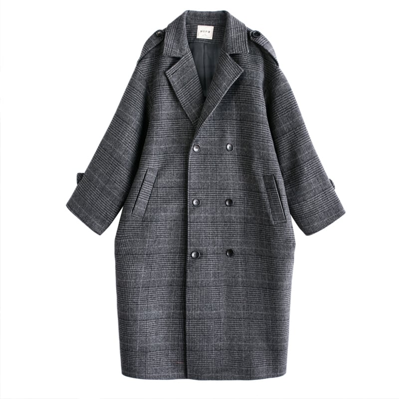 [Kakachen Series] Trench coat outerwear dark gray plaid pattern loose cute