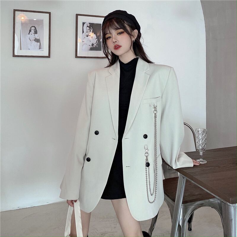 [Miyakoya Series]★Blazer with chain★ 2color black or beige outerwear unisex costume retro simple