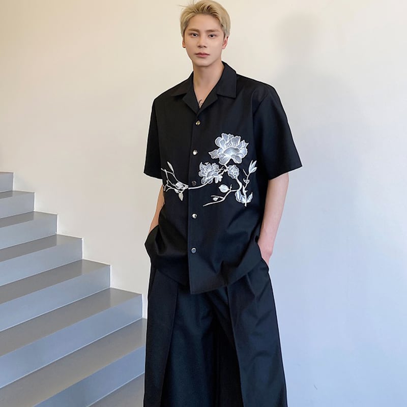 [Illustrated series]★China style shirt★ Tops embroidery fashion men's unisex black black Chinese clothing