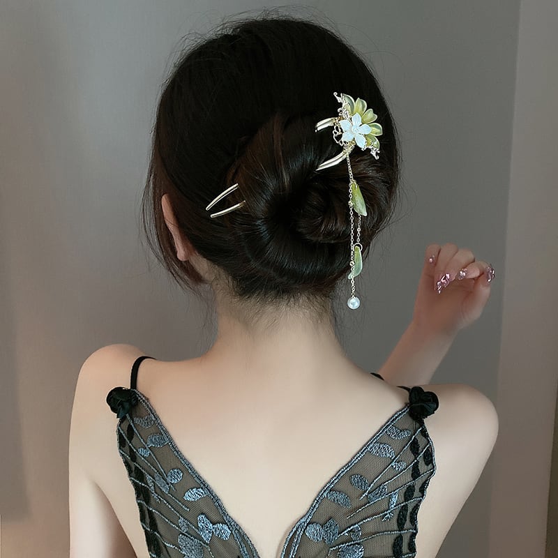 [Tae Series] ★China style hair ornament★ 1 hairpin, old-fashioned women's accessories, fringe, flower, green, white, cute