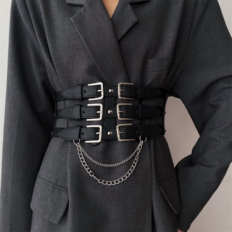 [Yuwei Series]★Belt with chain★ Accessories Small items Black Easy to match Unique and stylish