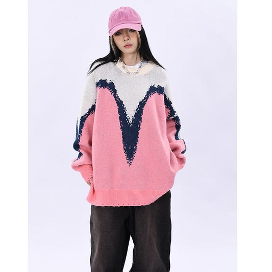 [OV EuroV Series] ★Sweater★ 2color Tops Unisex Men's Color Scheme Red Pink Unique Fashion