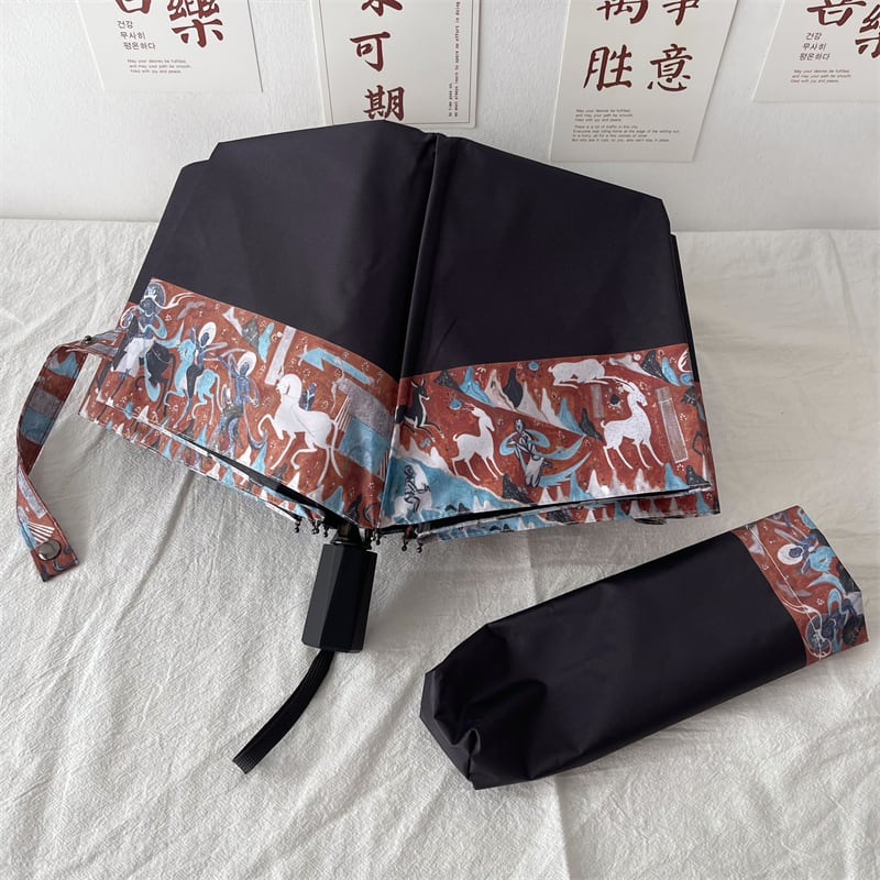 [Hin Umbrella STUDIO Series] ★China style umbrella★ Rainy &amp; sunny 2color 8 ribs dual use tri-fold umbrella manual &amp; jump rainy season rainproof soup oil painting style sun protection deer