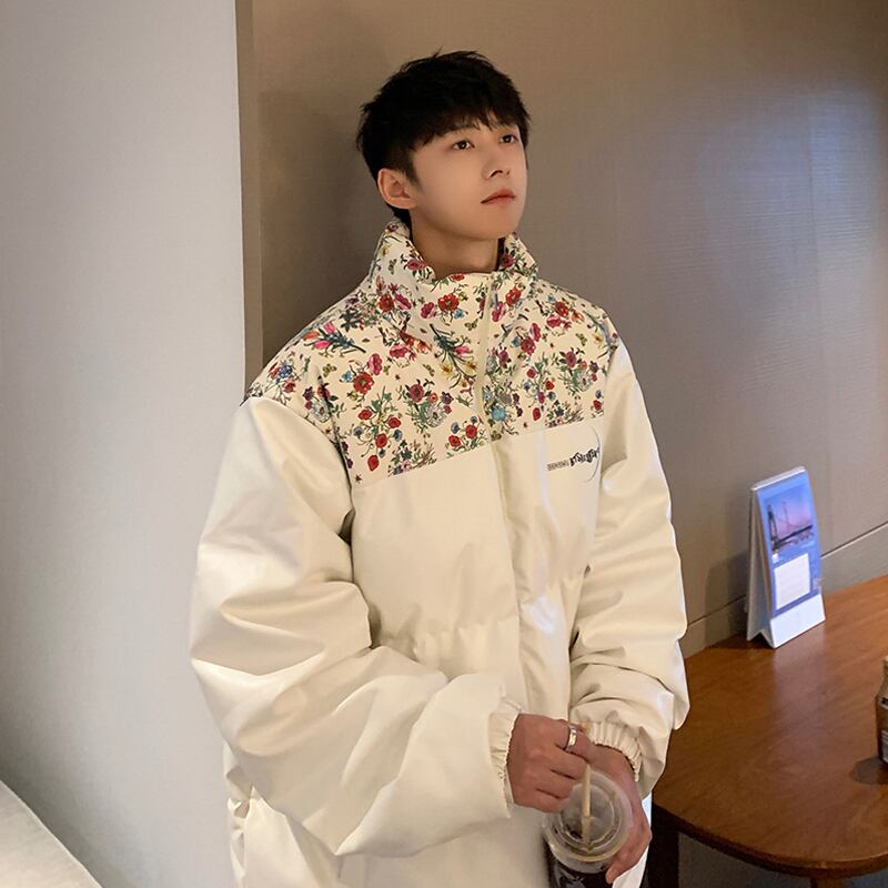 [High Series] ★Winter Coat★ 2color Thick Warm Unisex Men's Floral Pattern Outerwear Switching White Black