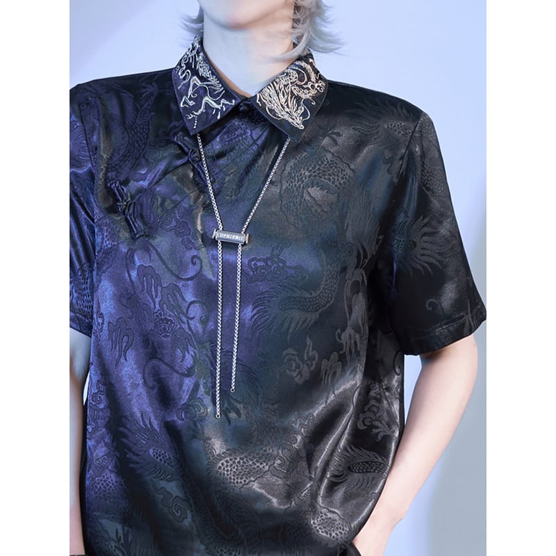 [Kyodo Series]★China style shirt★ Tops 2color Unisex Men's Dragon pattern Dragon pattern Black White