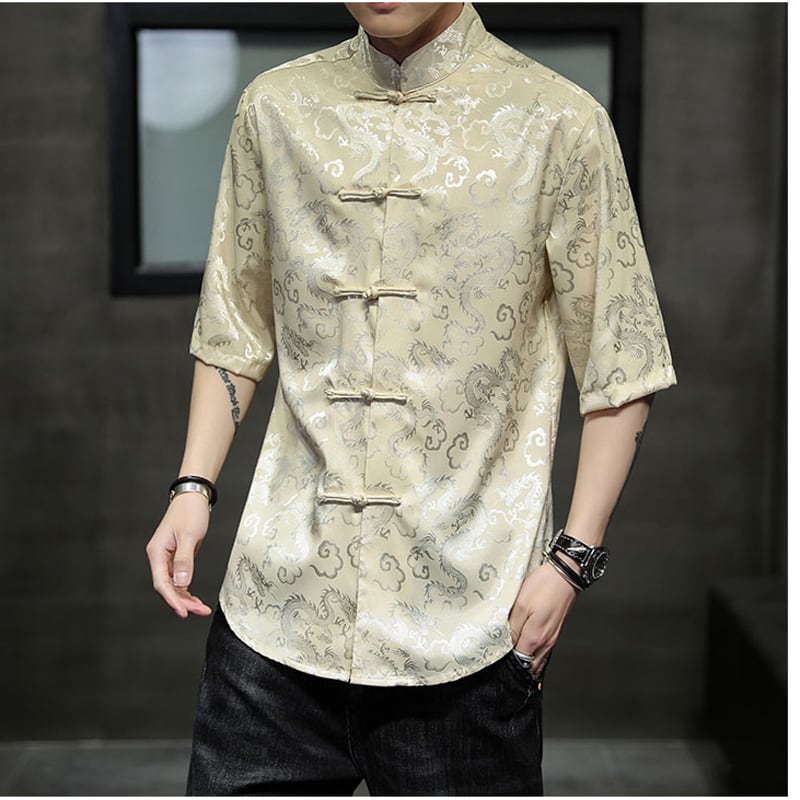 [Tsuncho Series]★China style shirt★ Short sleeve shirt Men's 6color tops Dragon crest Large size Black White Blue Yellow Red Thin Summer clothes