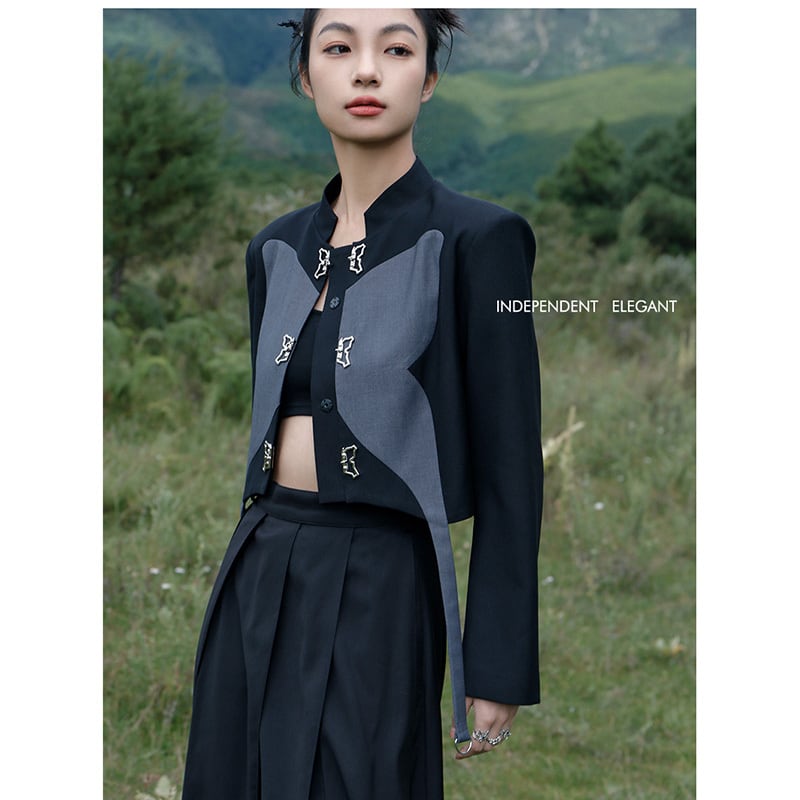 [Big Blue Dragon Series] ★China style outerwear★ Mini length Butterfly design Original black gray color scheme