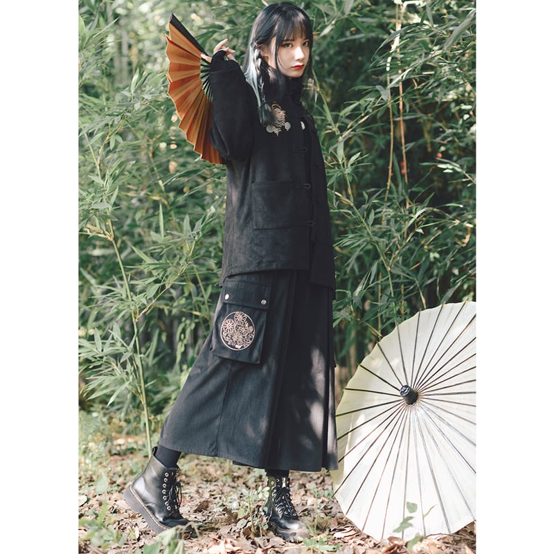 [Old Monster---Song of the Four Wise Men Series]★China style pants★Bottoms Gaucho pants ML XL corduroy fabric black