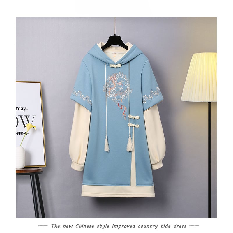 [Bamboo Series] ★Chinese style hoodie★ Fleece lining hoodie dress Chinese clothing embroidery Large size Blue Blue