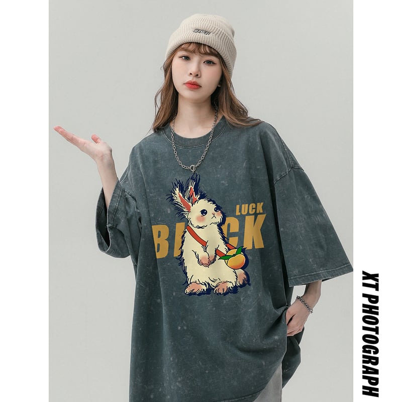 【YOUHANシリーズ】★Tシャツ★ 4color トップス 男女兼用 メンズ 半袖トップス レトロ ゆったり 兎 ウサギ