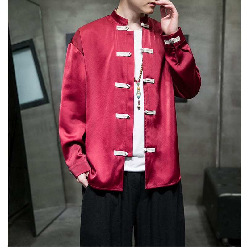 [Small trouble series]★China style shirt★3color tops unisex men's large size black green red satin