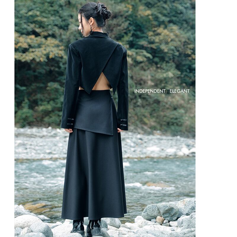 [Big Blue Dragon Series] ★China style skirt★ Bottoms fake layered black black slimming design.