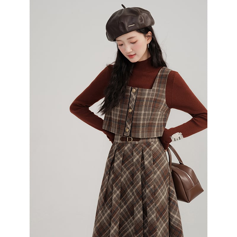 [Kiyi series]★Setup★Checked pattern vest + checked pattern skirt Retro cute Daterasha