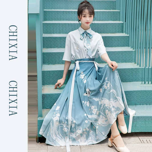 [Ikeka Series] ★Chinese-style setup★ Shirt + wrap skirt + ribbon Improved Hanfu Crane Blue Everyday Date Fireworks Festival