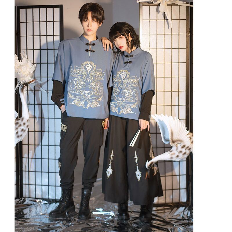 [Kyodo Series] ★China style tops★ Embroidered unisex costume couple clothes men's blue black large size