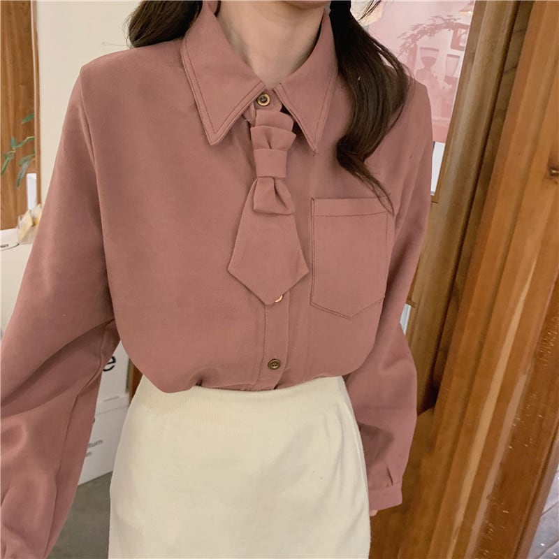 [Koshinke Series]★Shirt with tie★ Tops 3 colors Cute Easy to match Beige Light brown Pink