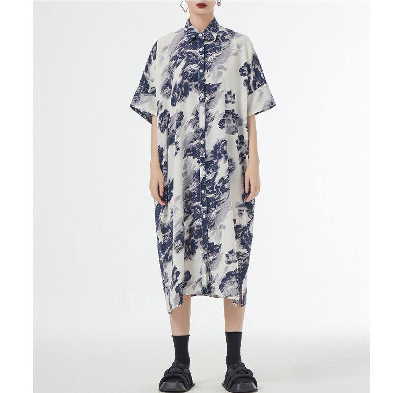 [YIDAO Series]★Shirt dress★ 2color long shirt print retro floral pattern loose casual summer clothes