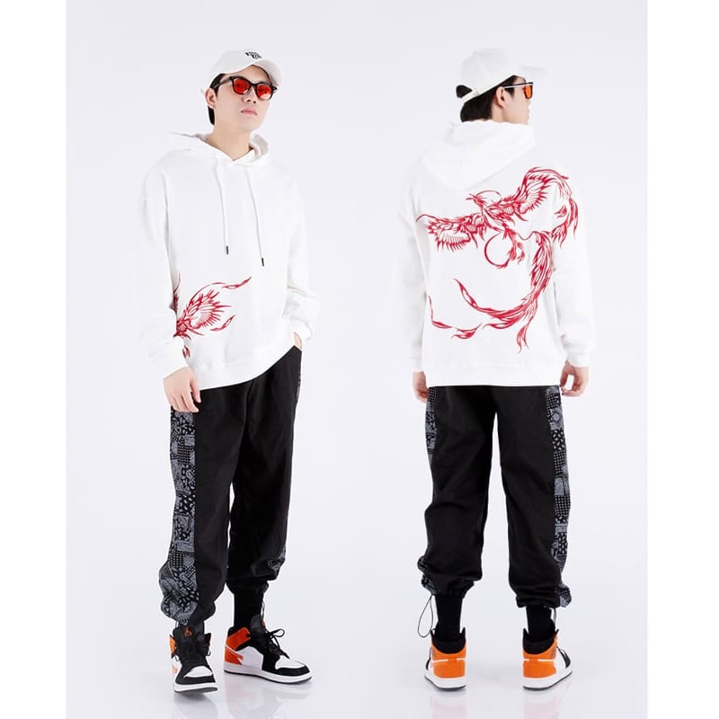 [Machiha clan series]★China style hoodie★ 2color black or white gold phoenix red phoenix embroidery stylish unique unisex men's