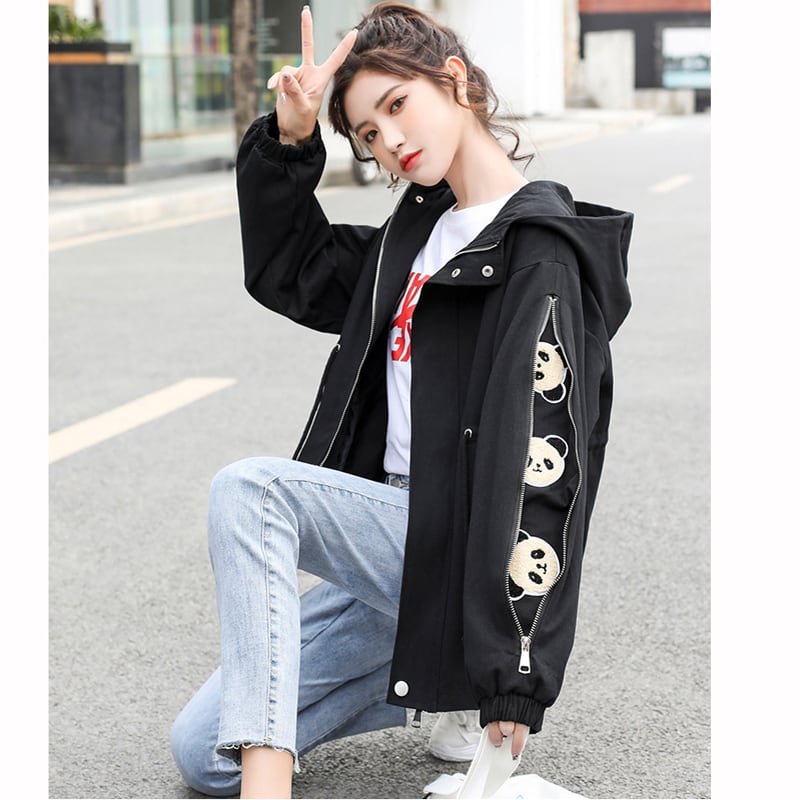 [QIZHI Series]★Jacket★ 3color Outer Panda with Hat Cute Casual Black Beige Blue