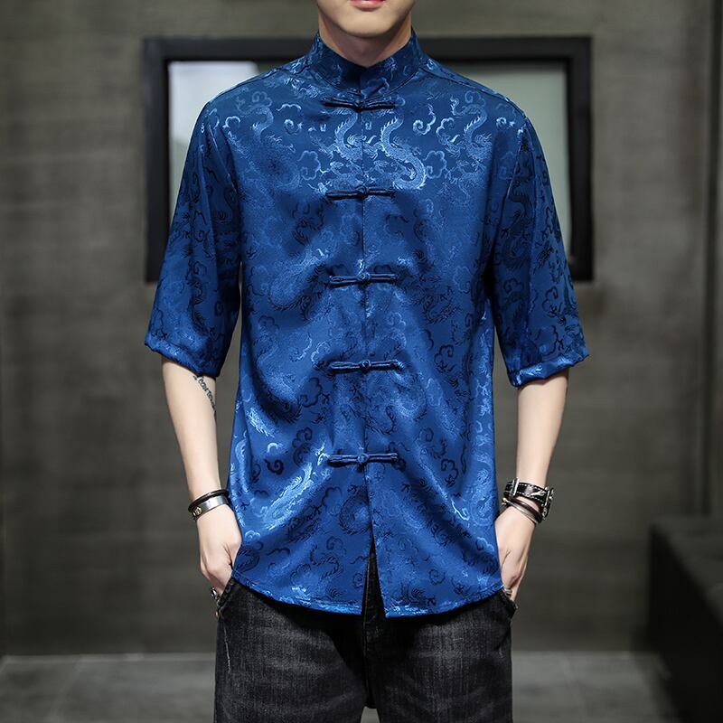 [Tsuncho Series]★China style shirt★ Short sleeve shirt Men's 6color tops Dragon crest Large size Black White Blue Yellow Red Thin Summer clothes