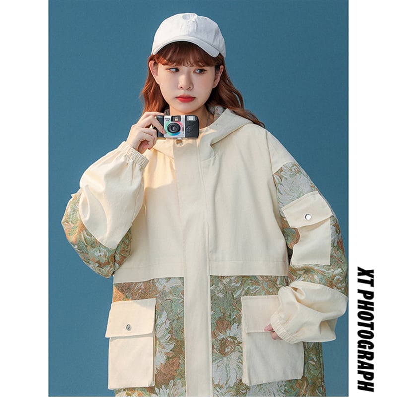 [Fujiiman Series]★Jacket★ Outerwear 2color Floral Pattern Switching Unisex Unique Large Size Beige Blue