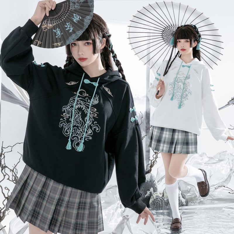 [Ochaya Series]★China style hoodie★ 2color black or white tops embroidery Chinese buttons unisex black white