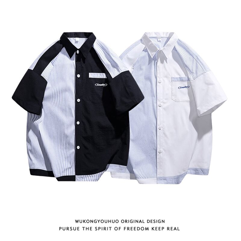 [Satoru Series]★Shirt★ Tops 2color Unisex Men's Striped Pattern Unique Switching Dark Blue White