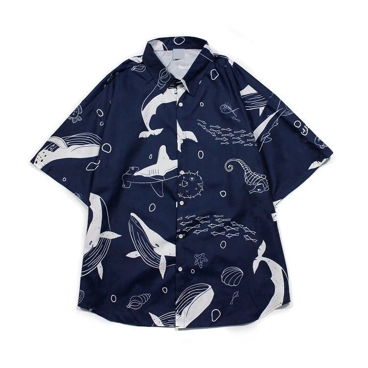 [ZENGDASHEN Series]★Shirt★ Tops 2color Unisex Men's Animal Pattern Shark Sea White Blue