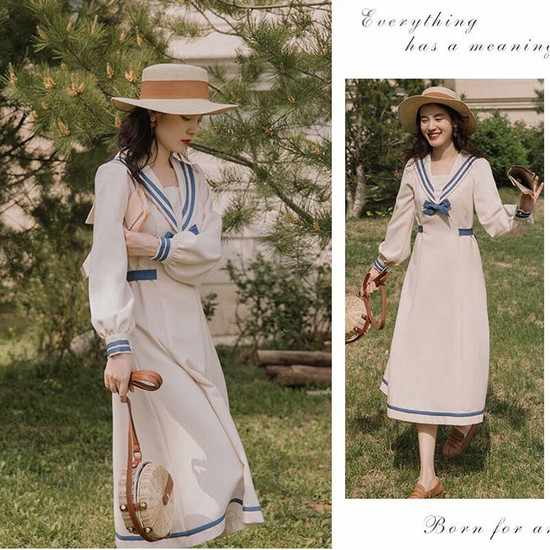 [Tatsuze Chenis Series] ★One Piece★ Sailor Uniform Beige Temperament Enhancement Women's Autumn Clothes SML Date