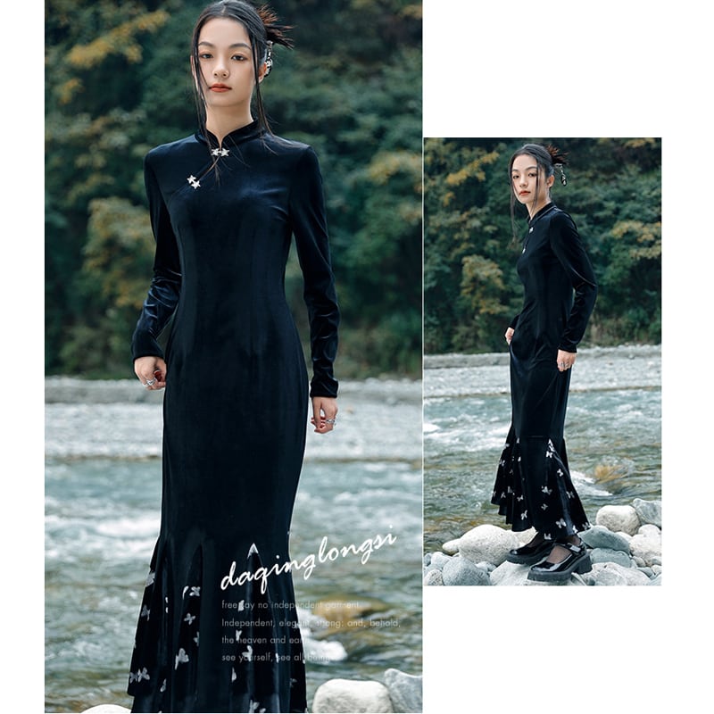 [Da Qinglong Shu Series] ★China-style dress★ Improved cheongsam dress, velvet, slimming, long length, black, black