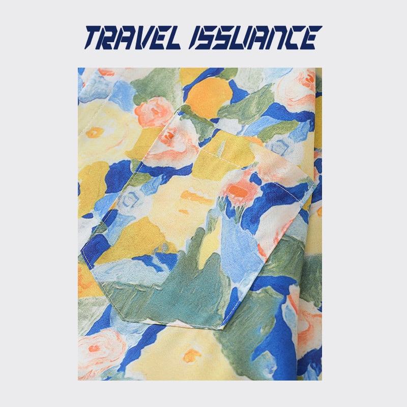 【TRAVEL ISSUANCEシリーズ】★花柄シャツ★ 長袖シャツ トップス 男女兼用 メンズ 黄 青 油絵風 可愛い