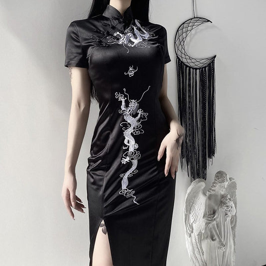 [DARK ANGEL Series]★China Dress★ One Piece Chinese Clothes Performance Clothes Embroidered Long Length SML Black Black