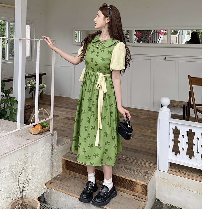 [Dong Xiaojie Series]★China style dress★Floral pattern dress Switchable Cute Large size Green Green