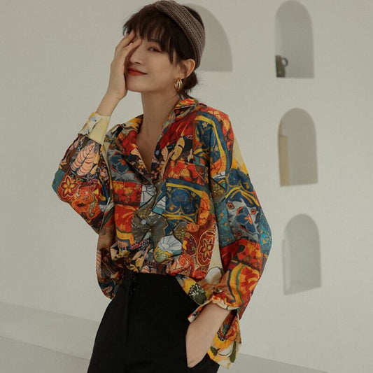 Oil painting style shirt, retro tops, long sleeves, outstanding design, SM, radically changing image, print, easy to match