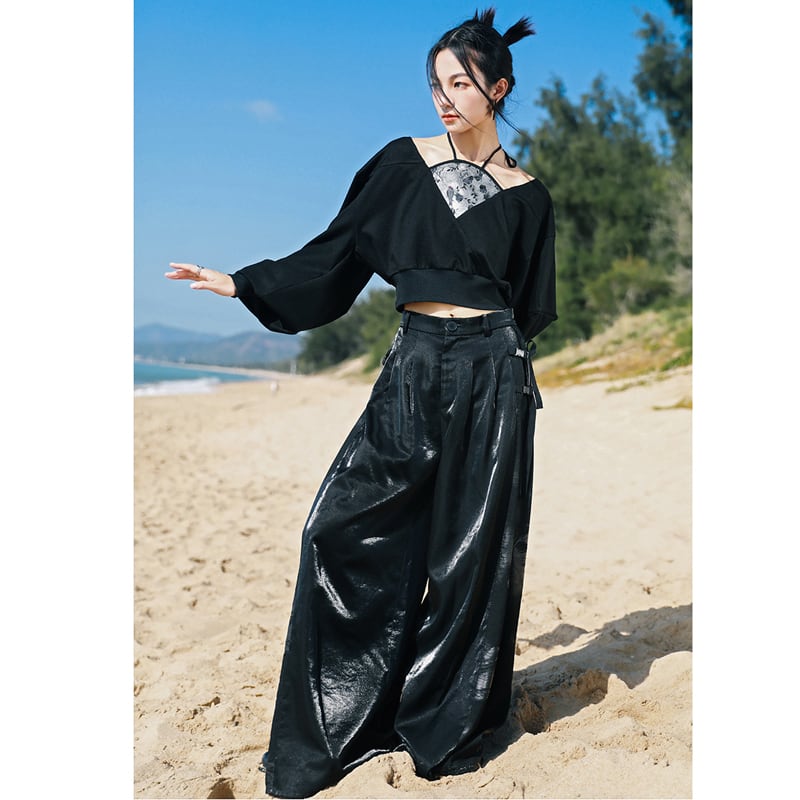 [Big Blue Dragon Series] ★China style tops★ Fake layered, design, slimming, enhances femininity, black, black