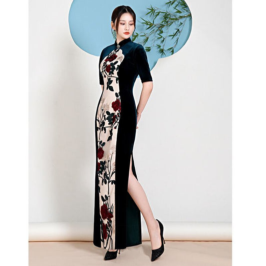 [Yuken Yumori Series] ★China style dress★ Embroidery long length large size party dress green switching