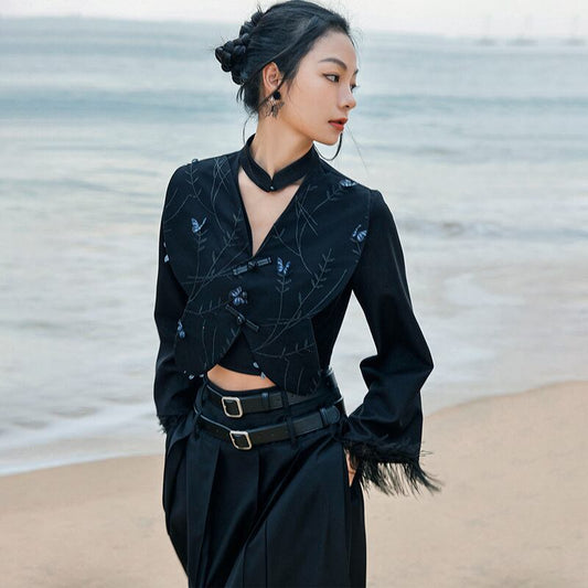 [Big Blue Dragon Series] ★China style outerwear★ Mini length V neck butterfly switching black black sexy