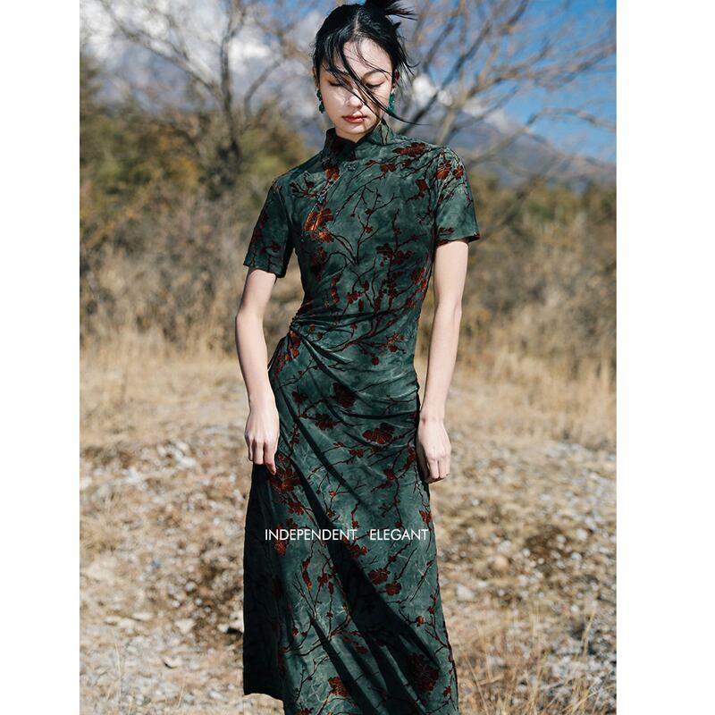 [Da Qinglong Shu Series]★China style dress★ Improved Chinese dress Sexy Velvet Long Length Original Photography Green Green Summer