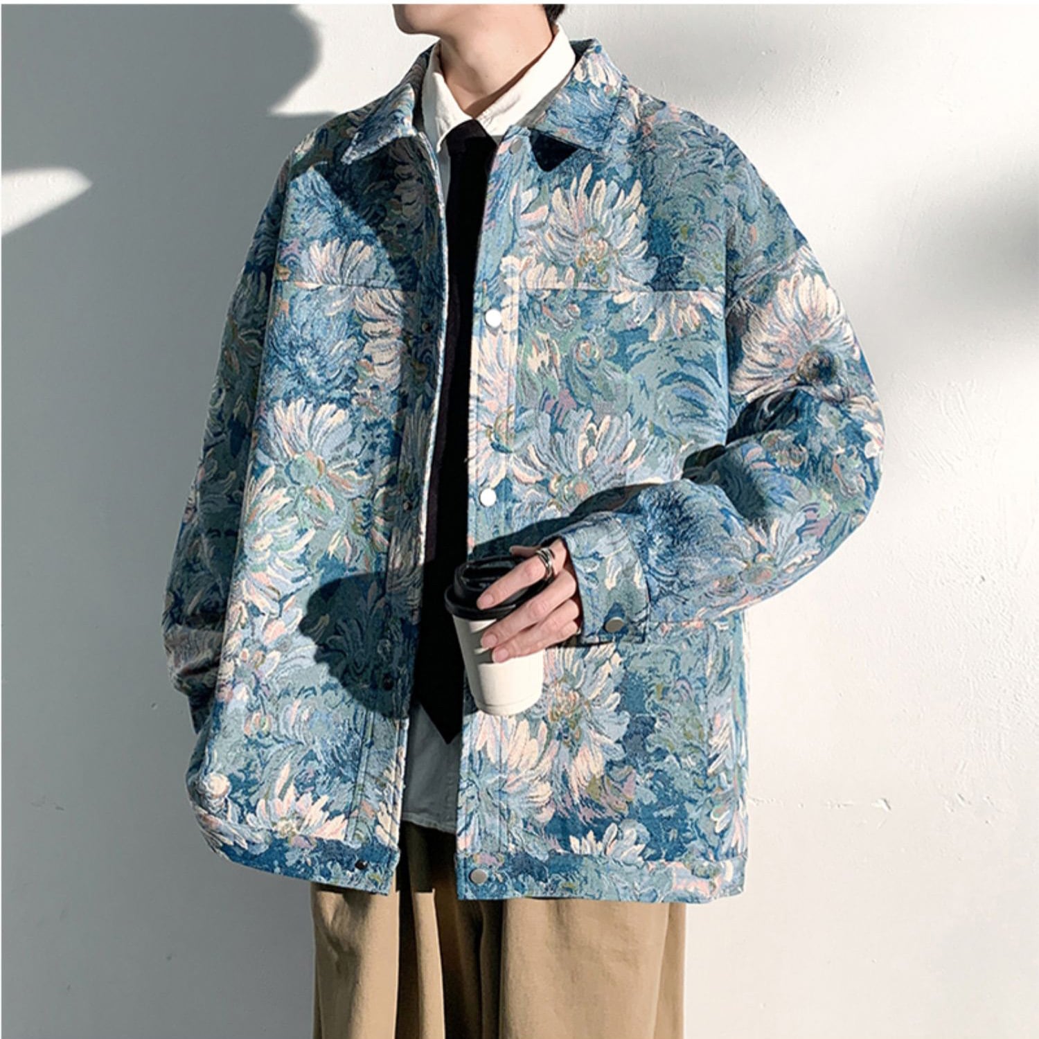 [KADISHOU Series] ★Jacket★ Outerwear 2color Oil Painting Style Floral Pattern Unisex Men's Large Size Blue Green