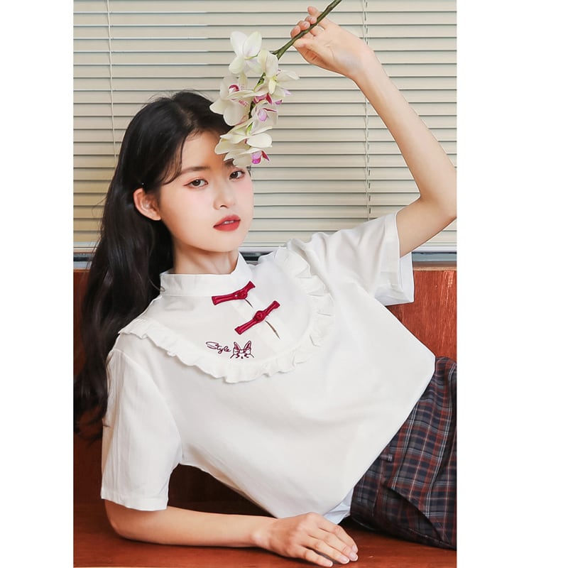 [MIANKAQI Series]★China style shirt★ Tops Chinese button summer clothes short sleeve shirt cute white white