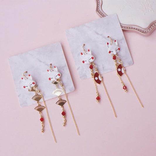 [Dashiro Series] ★Earrings★ Pair Accessories 4 Types Fox Fan Red Gold Cute Long Length 9cm