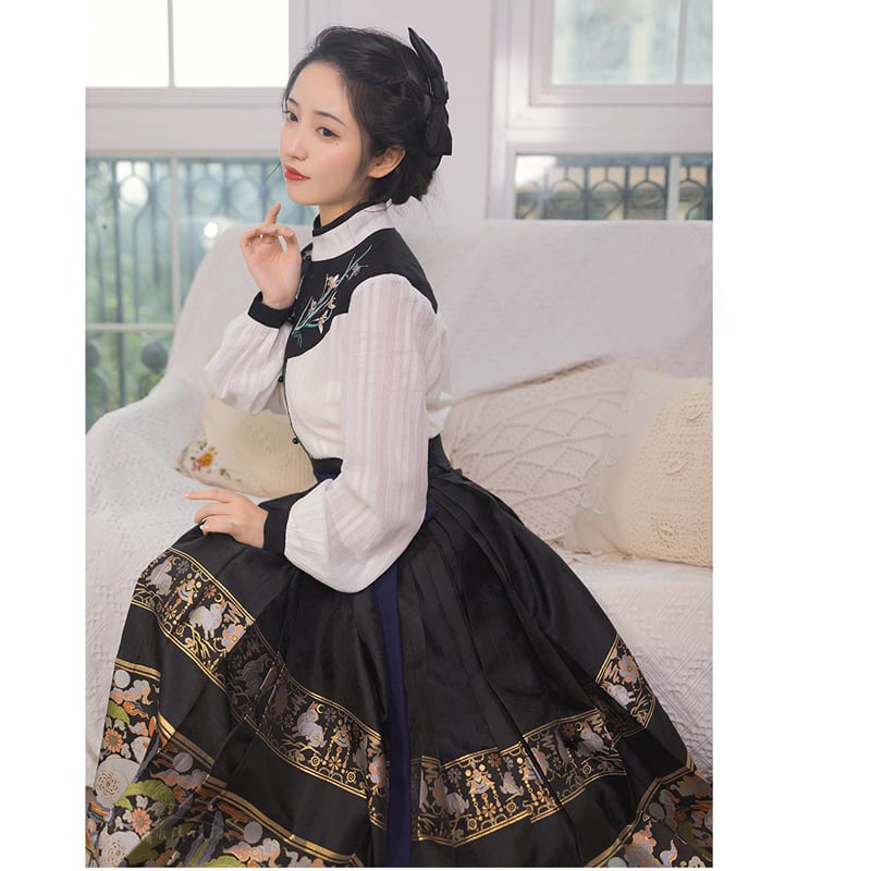 【清水溪シリーズ】★ロングスカート★ 数量限定 チャイナ服 プリーツスカート 漢服 巻きスカート 兎 吉雲 黒 緑 青