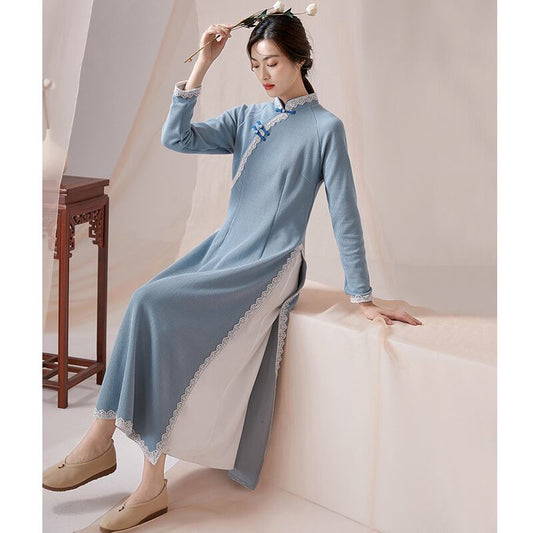 [Kokage Zen Clothes Series] ★Chinese style dress★ Thick improved Tang dress fake layered Blue Blue SML XL Ethnic style