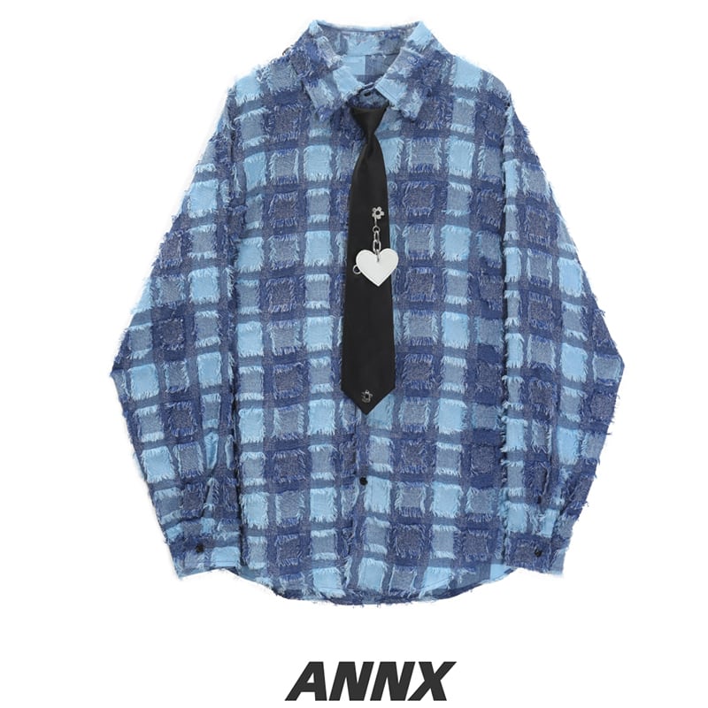 [ANNXstudio Series]★Shirt with tie★ Long sleeve shirt Shirt Tops Plaid pattern Unisex Men's Blue