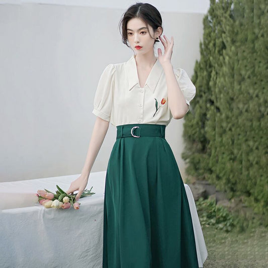 [Only you series]★Setup★ 2-piece set, top and bottom set, women's shirt + skirt, V-neck, tulip